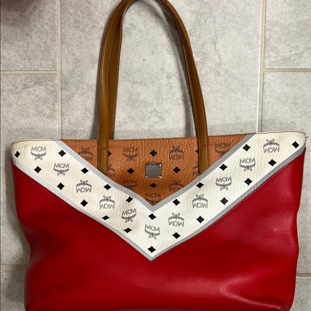 MCM Red, White & Cognac Logo Trim Leather Tote